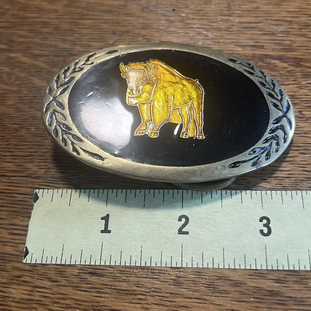 Vintage Bison Belt Buckle Black Border Inlay Enameled Solid Brass Base Oval